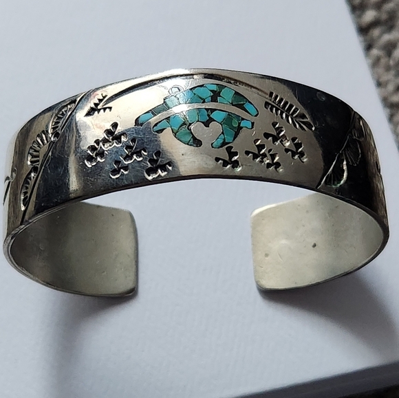 Navajo Turquoise Chip Inlay Cuff Bracelet Signed CH - Picture 2 of 11